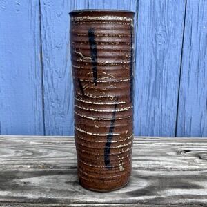Studio Art Signed Pottery Vase 9" Asian Design Brown Black Metallic Medium Gloss
